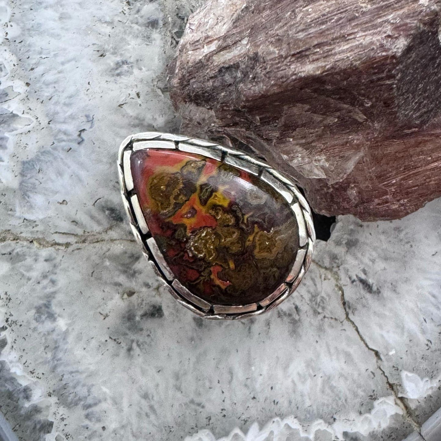 Sterling Southwestern Style Teardrop Moroccan Seam Agate Ring Size 6.5 For Women
