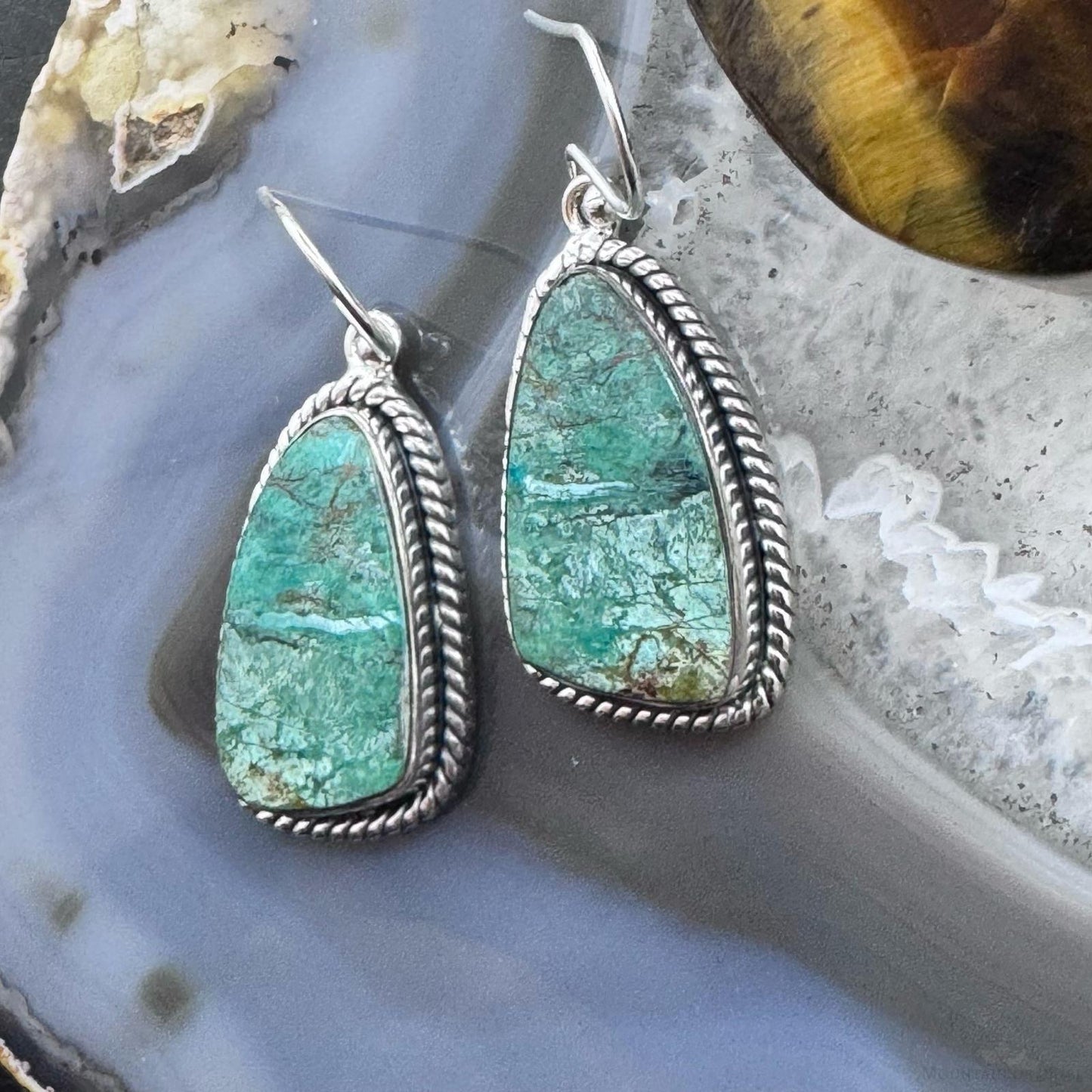 Sterling Silver Southwestern Style Green Shattuckite Dangle Earrings For Women