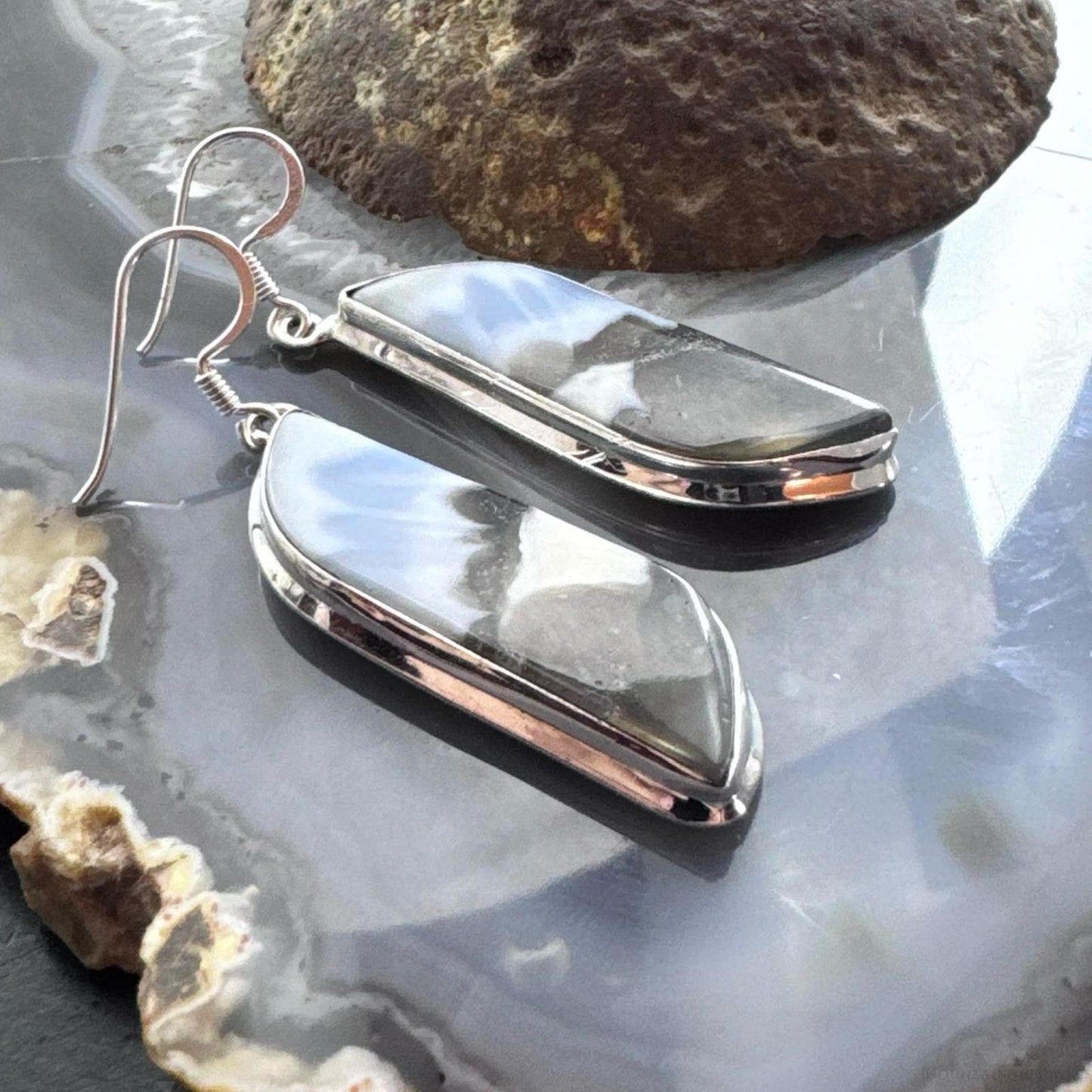 Sterling Silver Southwestern Style Tilde-shape Blue Opal Agate Dangle Earrings For Women