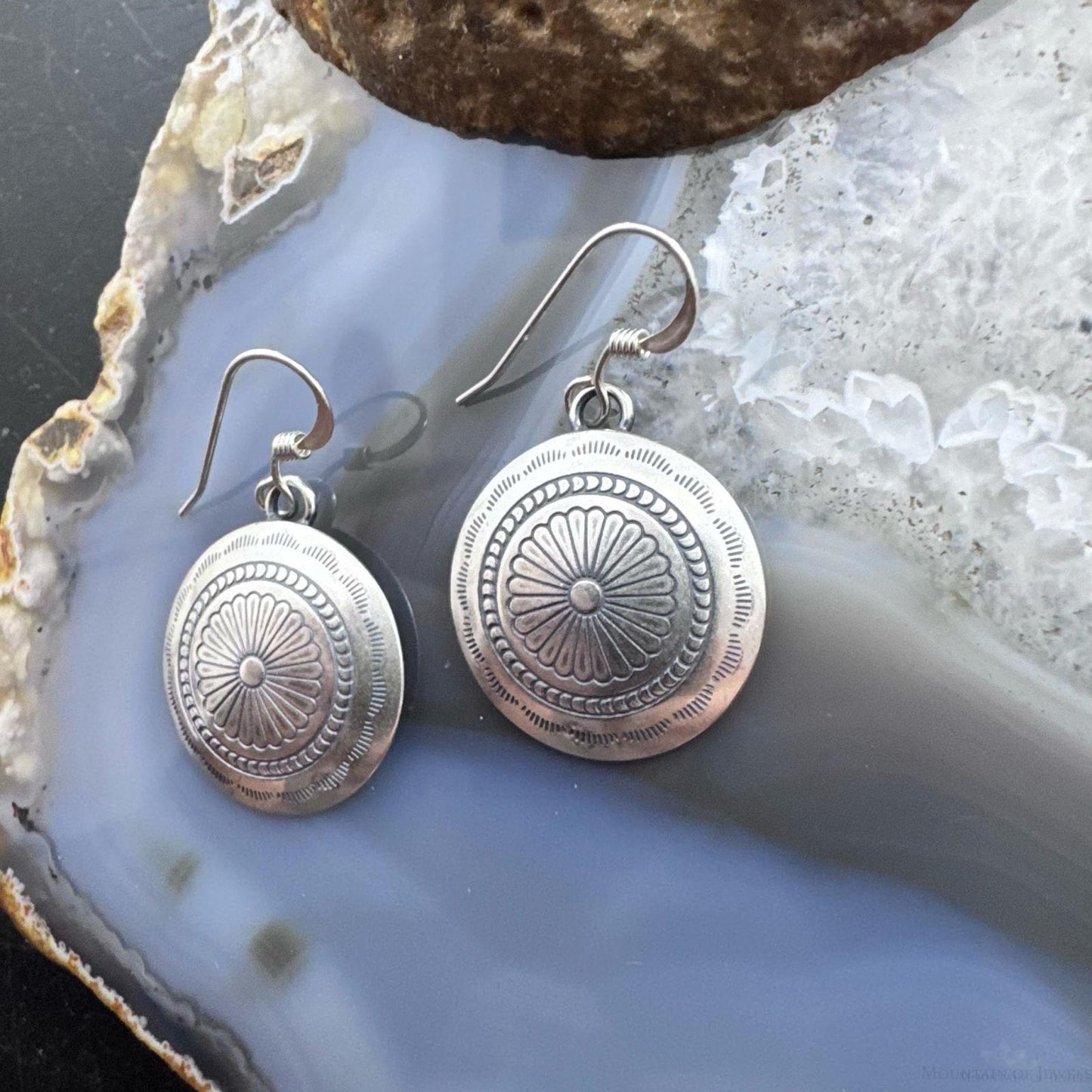 Native American Sterling Silver Stamped Rounded Concho Dangle Earrings For Women