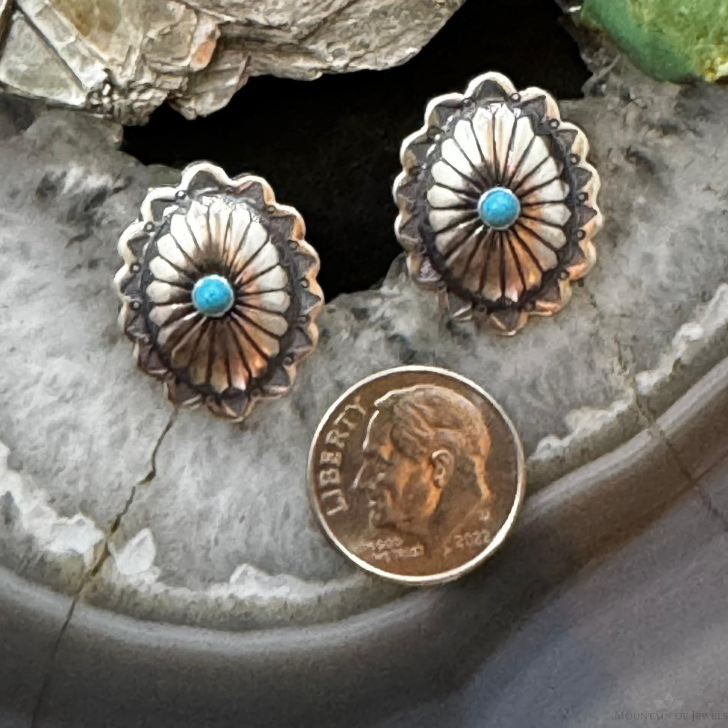 Native American Sterling Turquoise Dot Oval Concho Stud Earrings For Women
