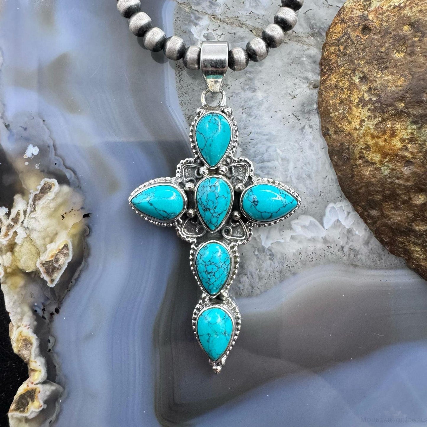 Sterling Silver Southwestern Style Blue Howlite Cross Pendant For Women