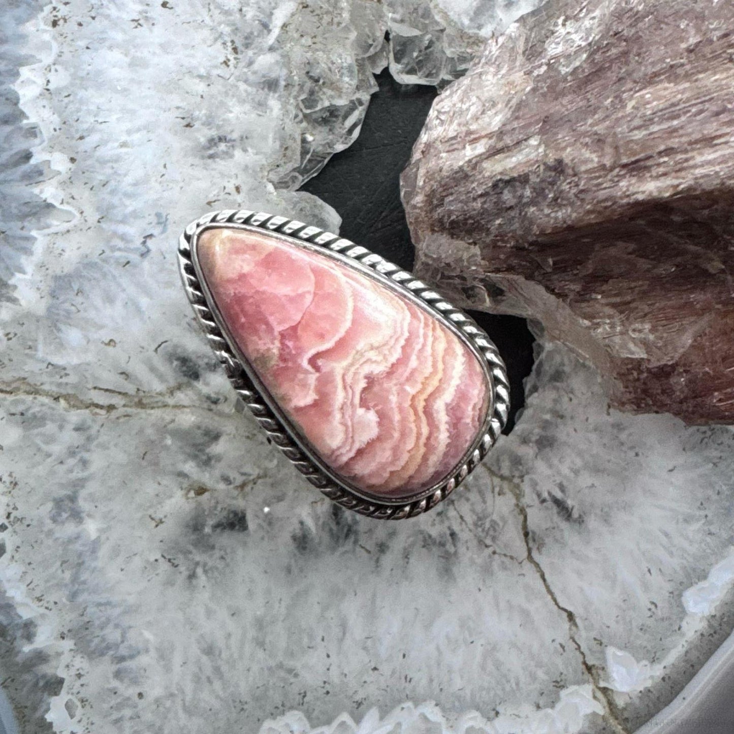 Sterling Silver Southwestern Style Teardrop Rhodochrosite Ring Size 6.5 For Women