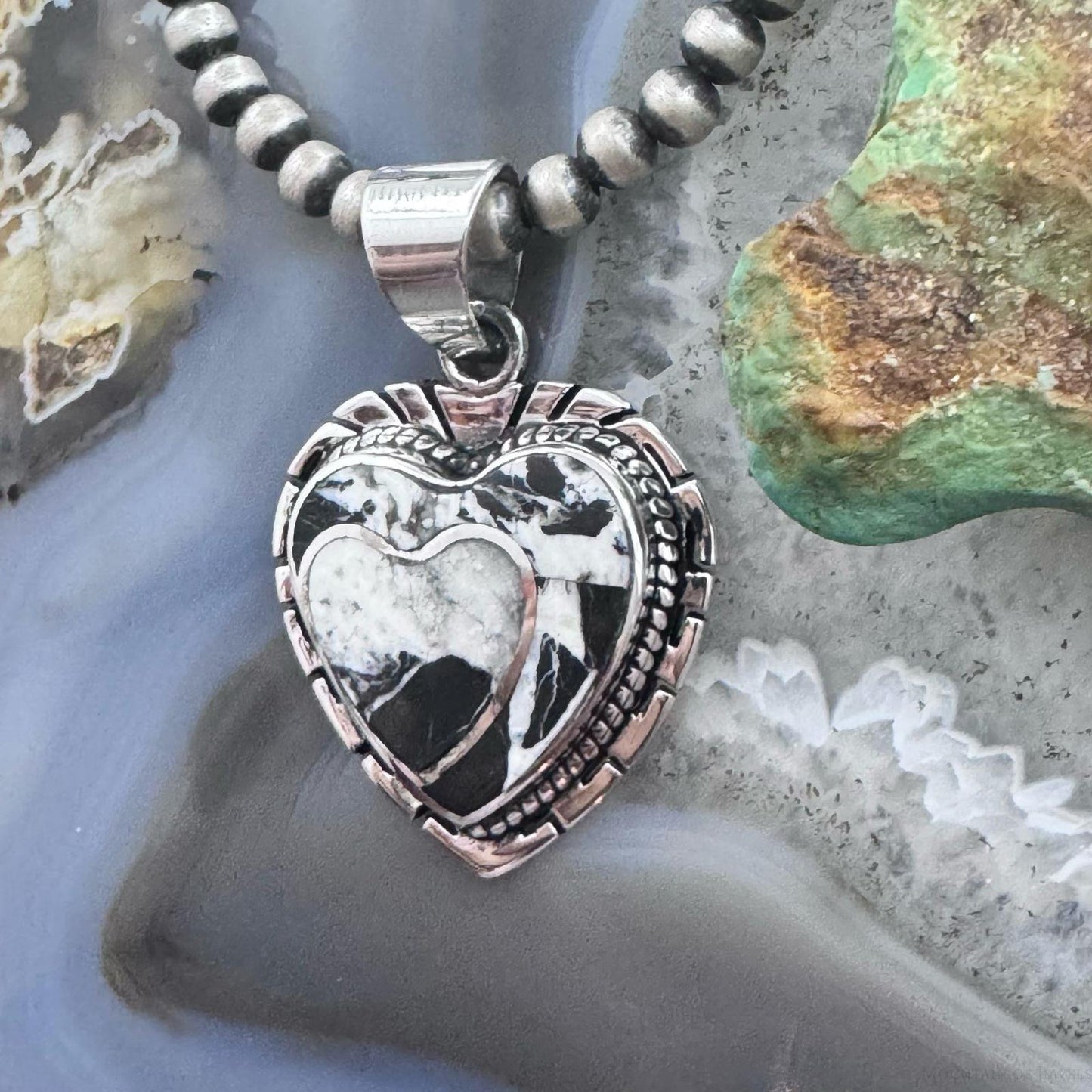 Native American Sterling Silver White Buffalo Decorated Double Heart Pendant For Women