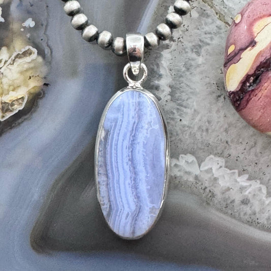 Sterling Silver Southwestern Style Elongated Oval Blue Lace Agate Pendant For Women