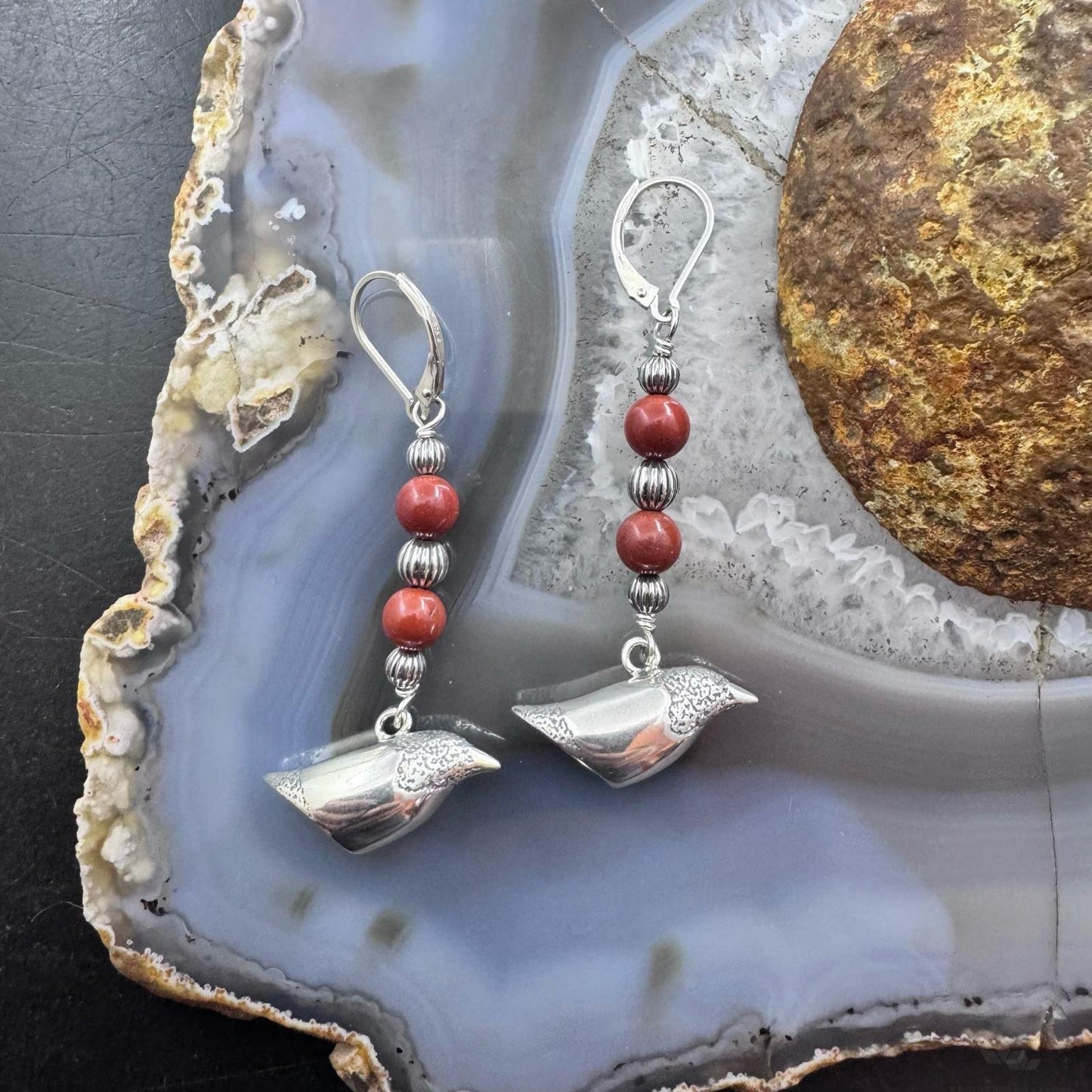 Andrew Rodriguez Sterling Silver Crow With 2 Tiny Red Jasper Beads Dangle Earrings For Women