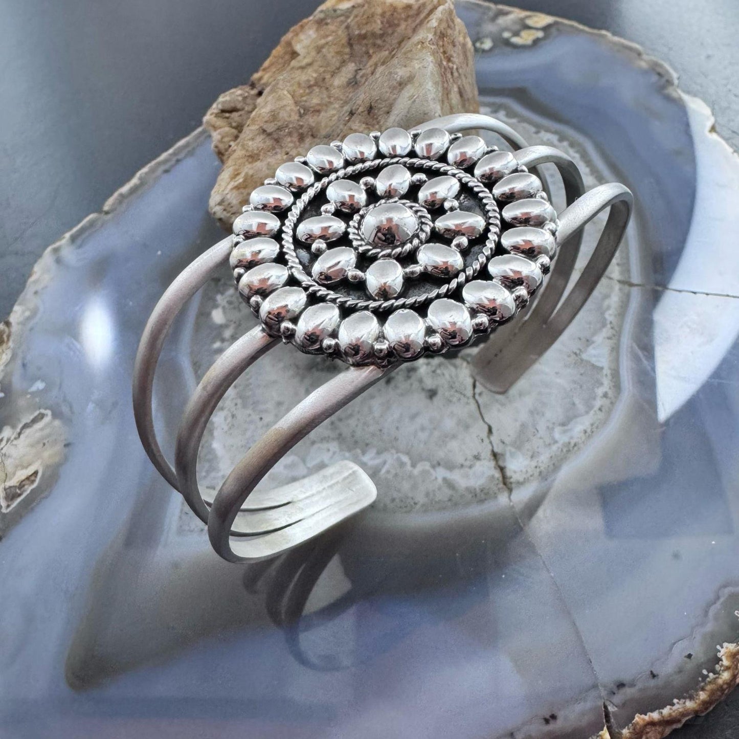 Sterling Silver Southwestern Style Flower Cluster Split Shank Bracelet For Women