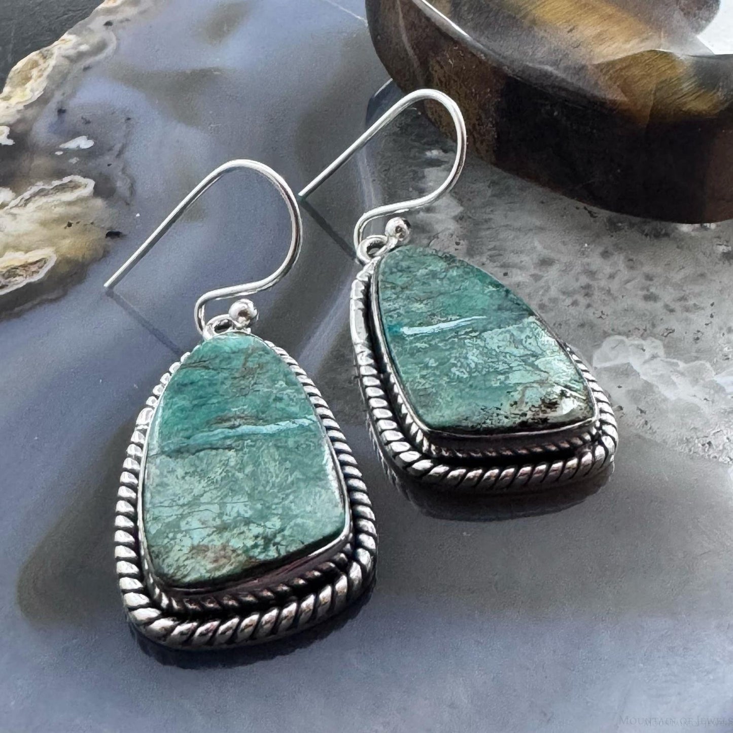 Sterling Silver Southwestern Style Green Shattuckite Dangle Earrings For Women