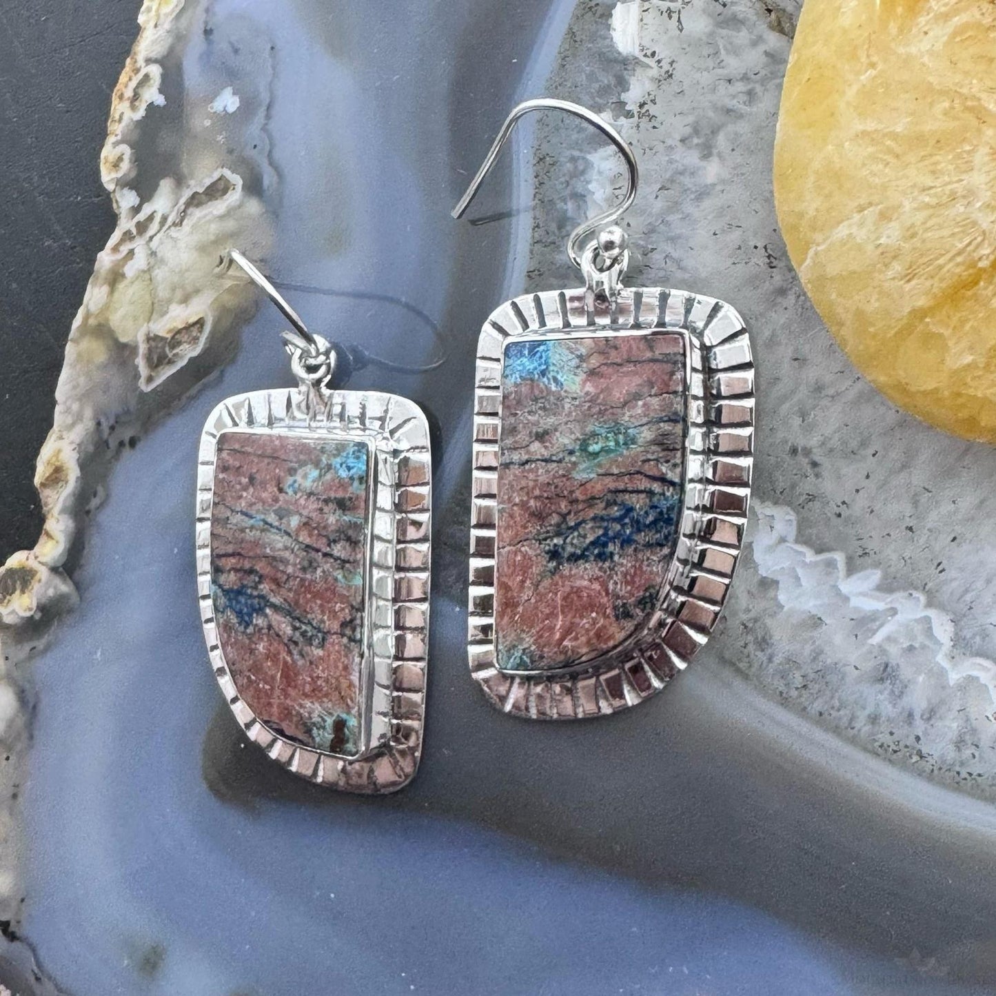 Sterling Silver Southwestern Style Shattuckite Decorated Dangle Earrings For Women