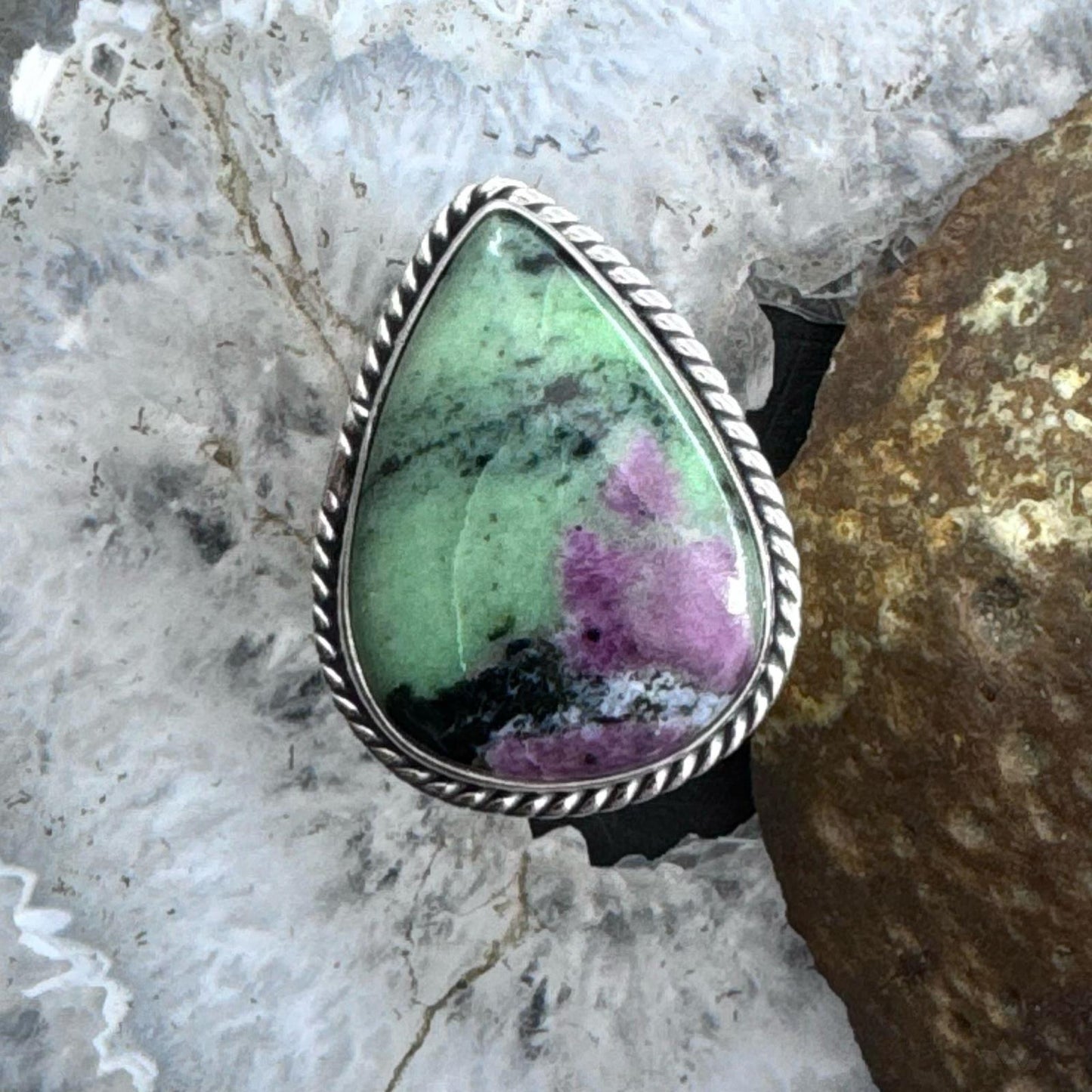 Sterling Silver Southwestern Style Teardrop Ruby Zoisite Ring Size 9 For Women