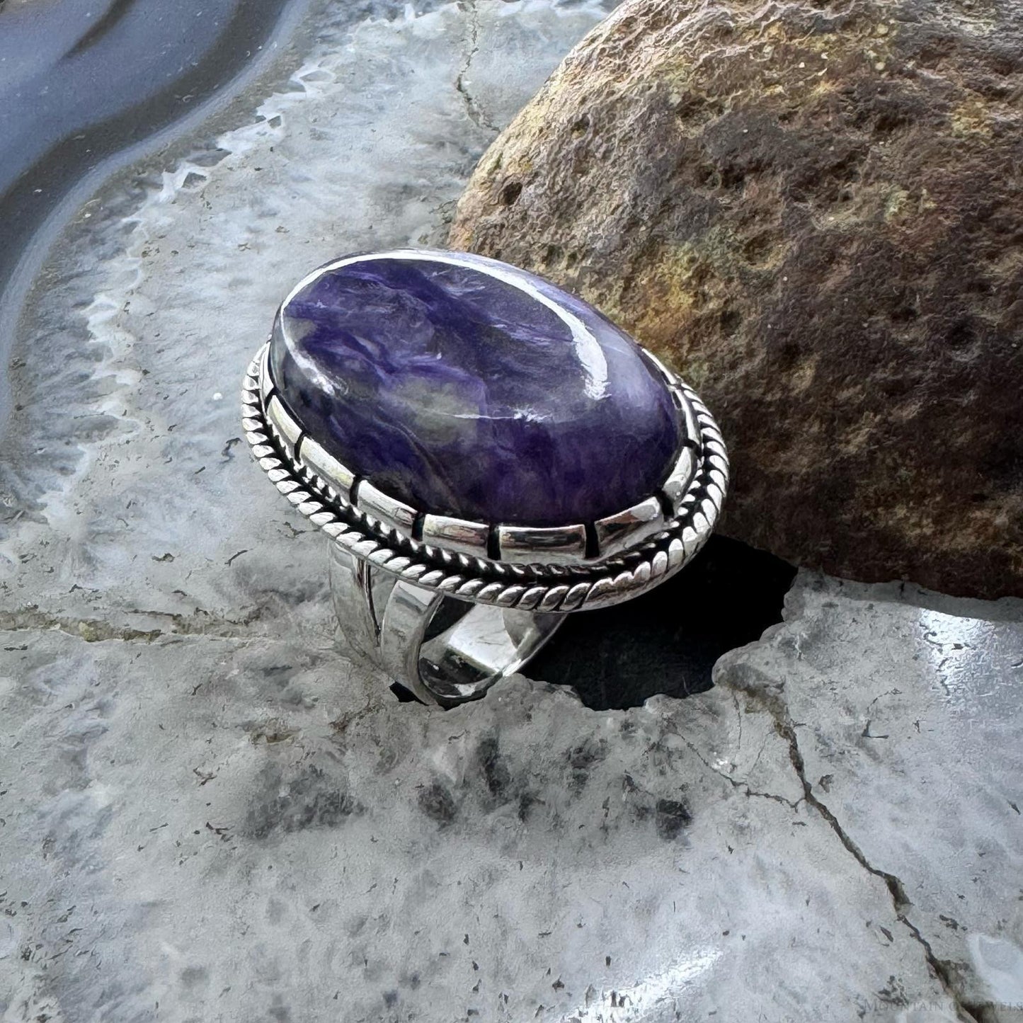 Sterling Silver Southwestern Style Oval Charoite Decorated Ring Size 7.5 For Women