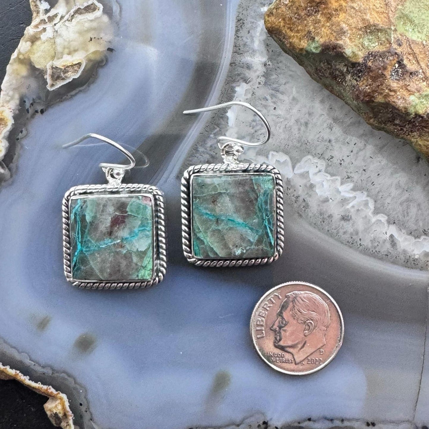Sterling Silver Southwestern Style Square Green Shattuckite Dangle Earrings For Women