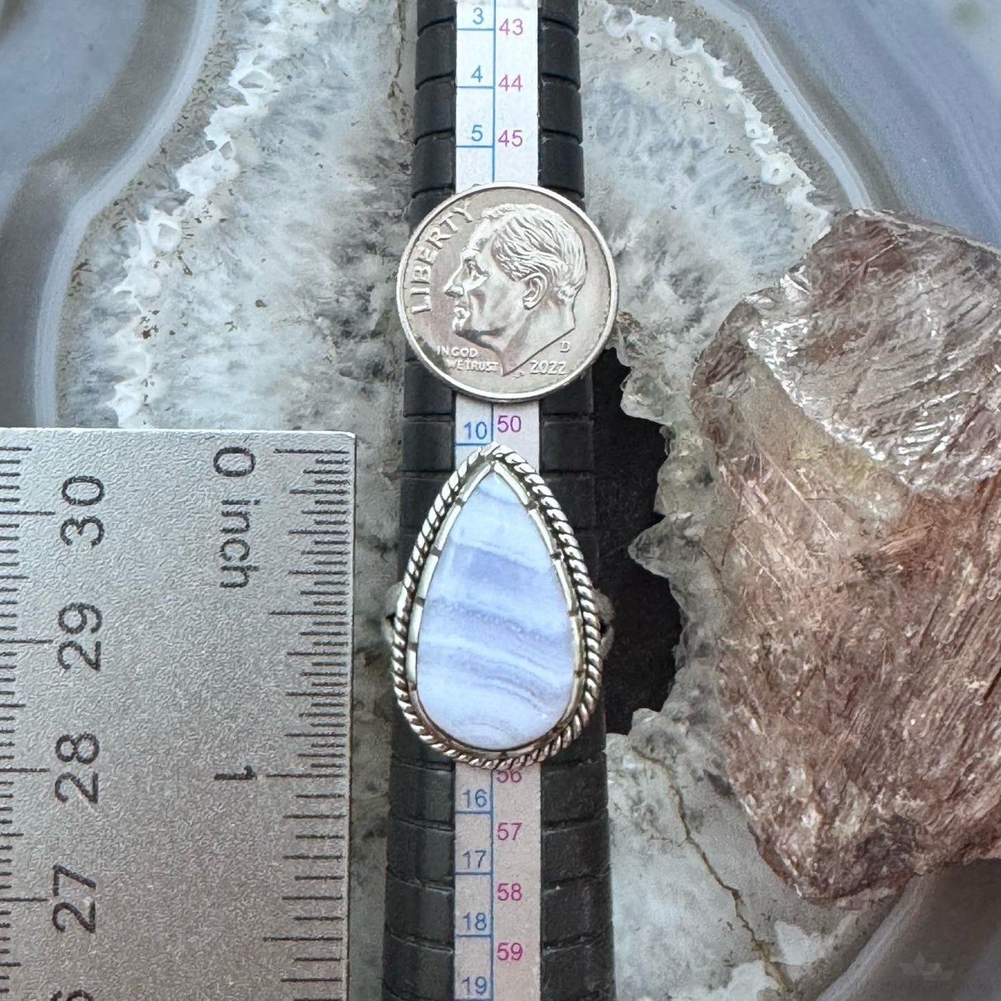 Sterling Silver Southwestern Style Blue Lace Agate Decorated Ring Size 6.75 For Women