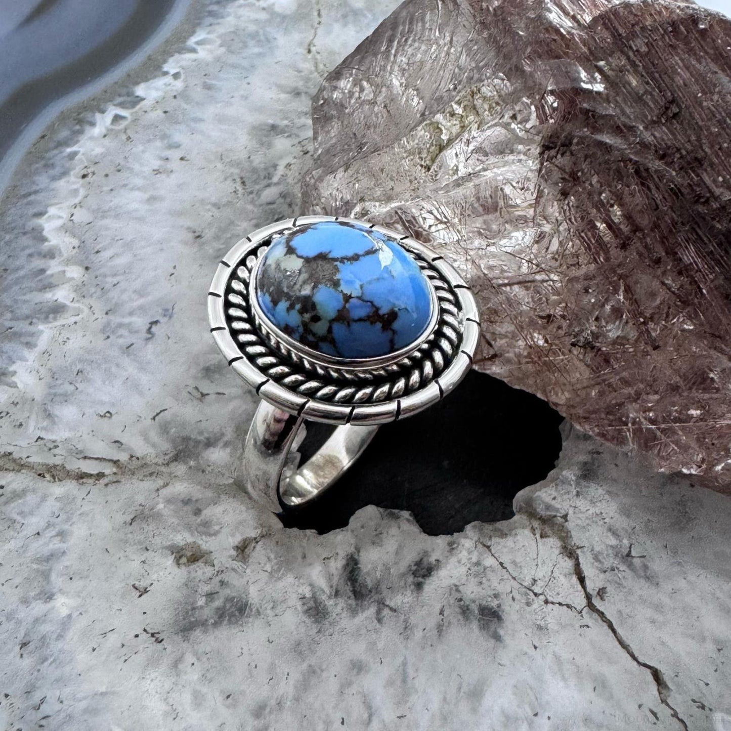 Sterling Silver Southwestern Style Oval Golden Hill Turquoise Ring Size 8 For Women