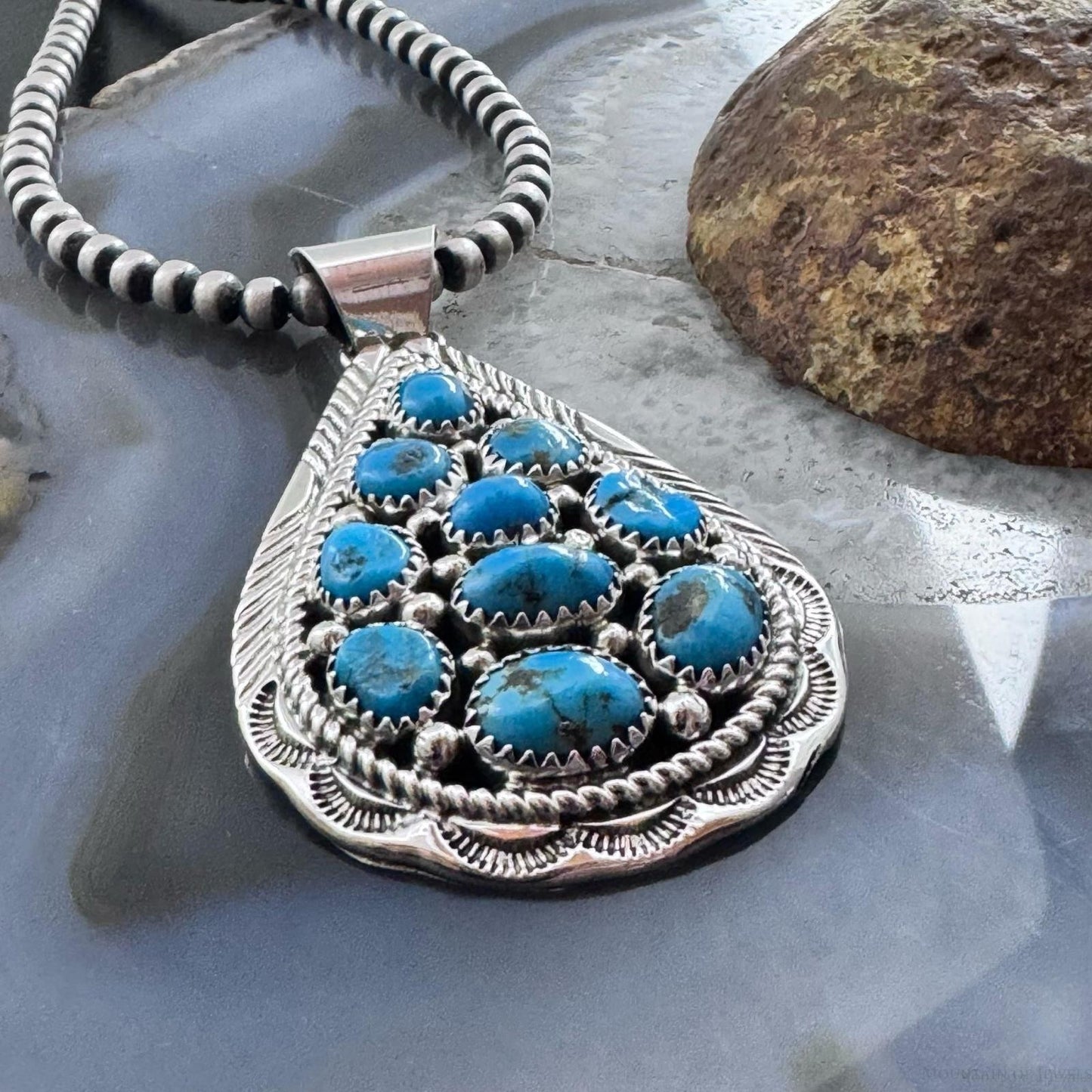 Marlene Jones Native American Sterling Silver Turquoise Teardrop Pendant For Women
