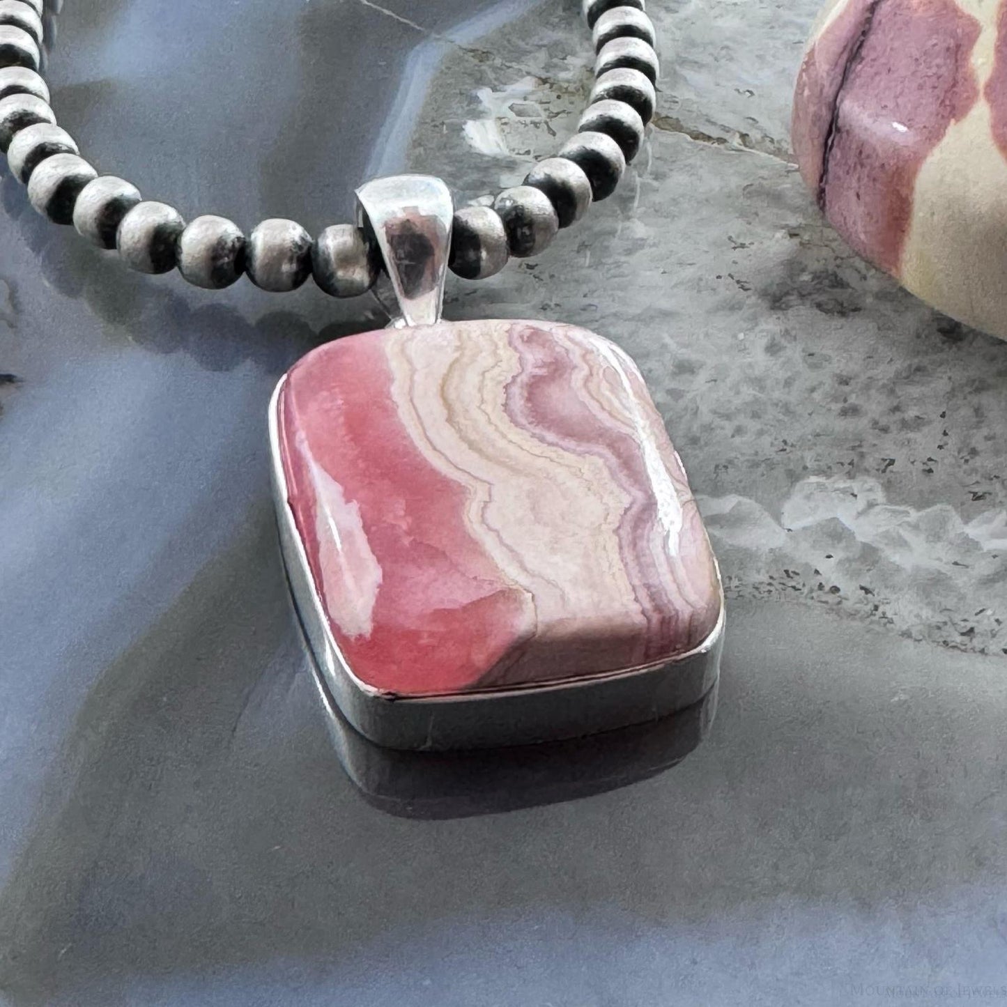 Sterling Silver Southwestern Style Rectangle Rhodochrosite Pendant For Women