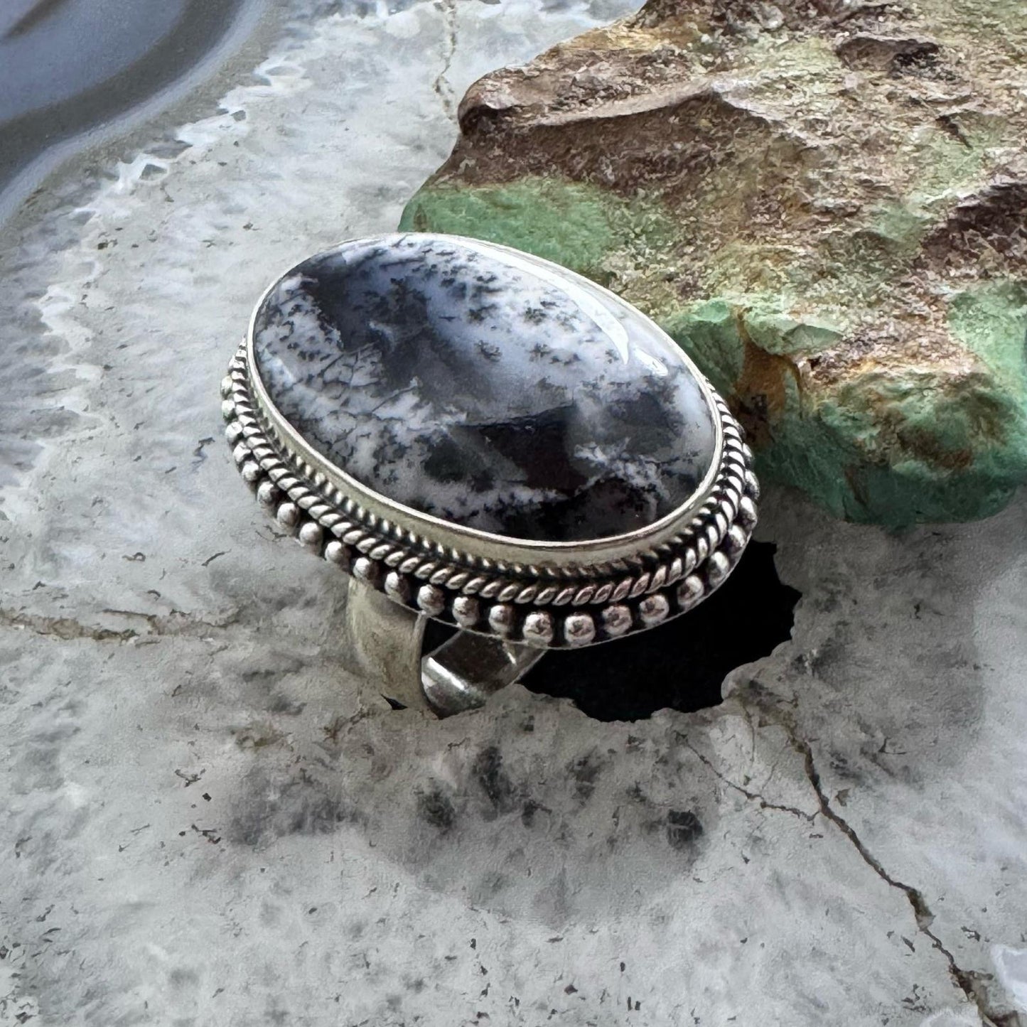 Sterling Silver Southwestern Style Oval Dendrite Decorated Ring Size 7 For Women