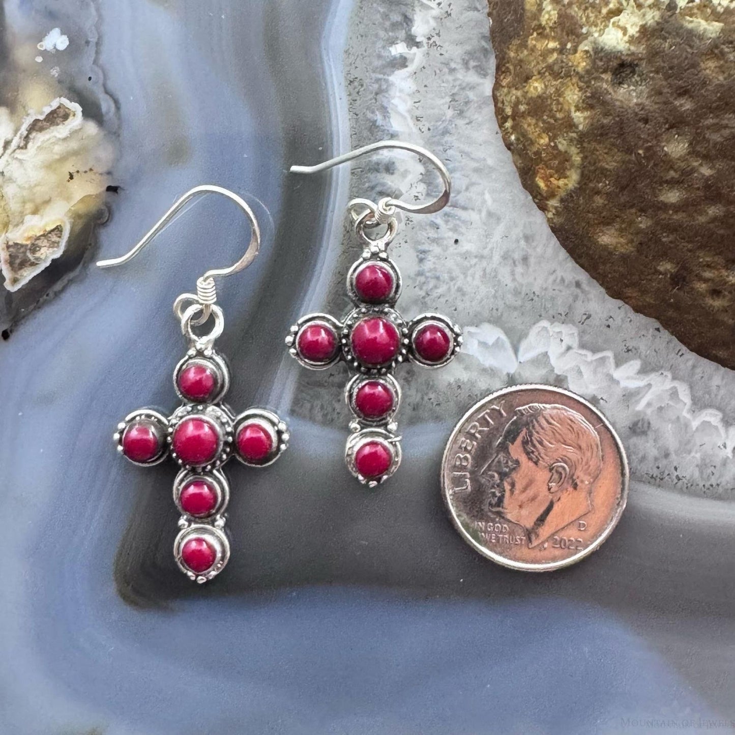 Sterling Silver 6 Red Gemstone Decorated Cross Fashion Dangle Earrings For Women