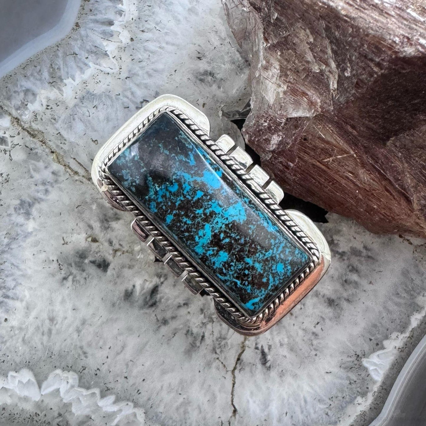 Sterling Silver Southwestern Style Azurite Decorated Bar Size 8 Ring For Women