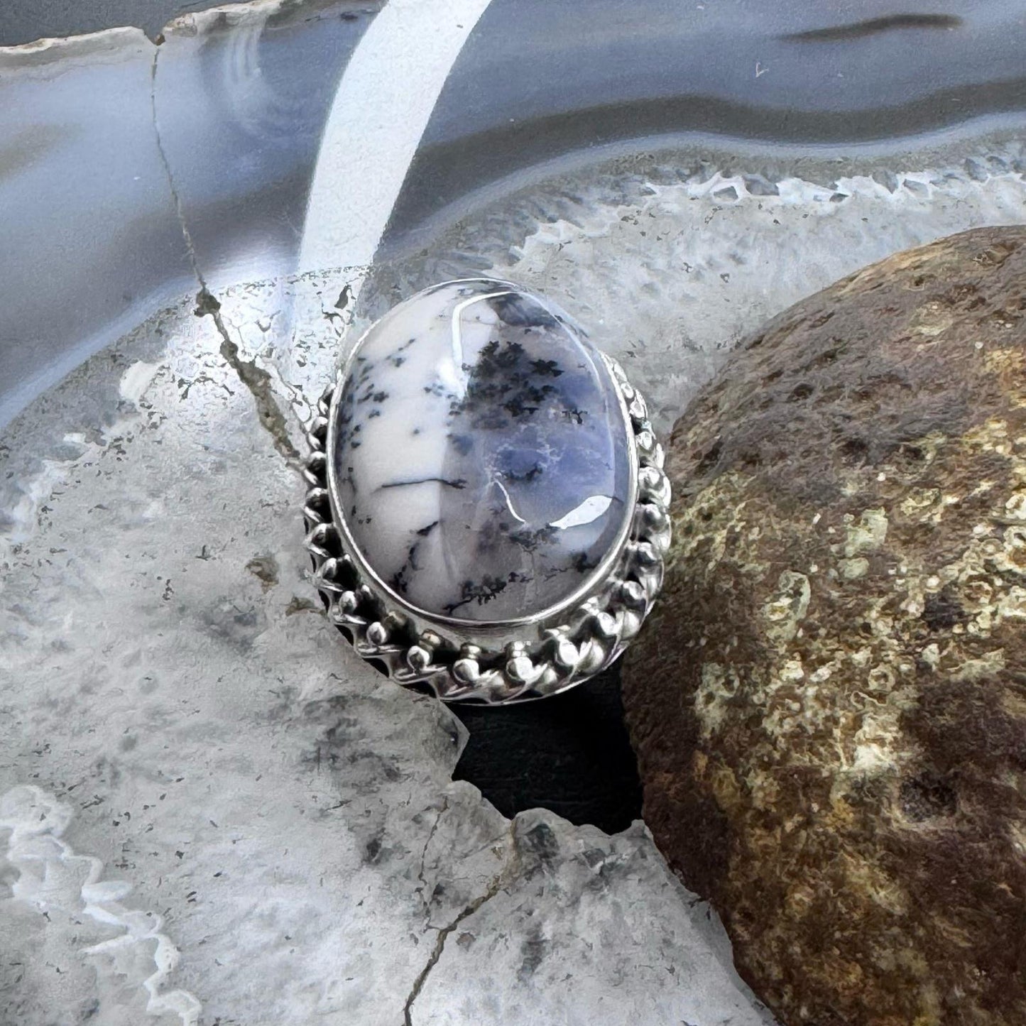 Sterling Silver Southwestern Style Oval Dendrite Agate Ring Size 5 For Women