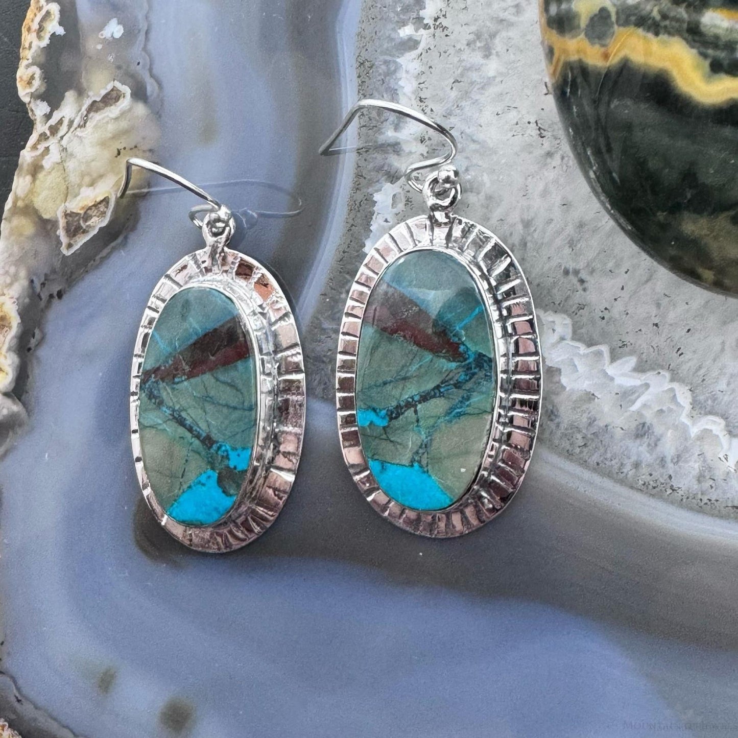 Sterling Silver Southwestern Style Oval Sea Sediment Jasper Dangle Earrings For Women