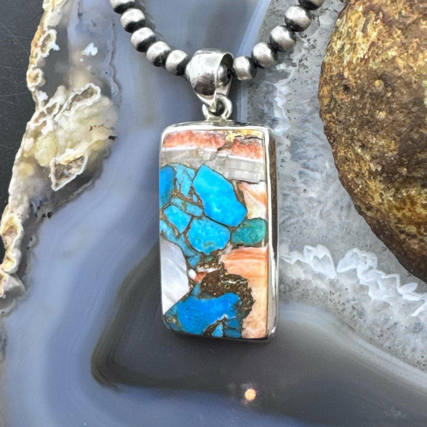 Sterling Silver Southwestern Style Rectangle Mohave Turquoise Pendant For Women