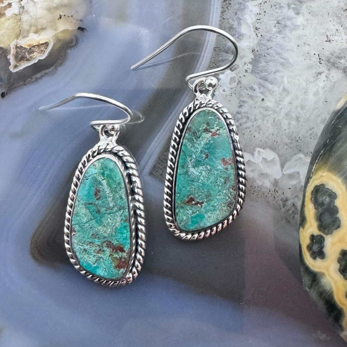 Sterling Silver Southwestern Style Green Shattuckite Dangle Earrings For Women