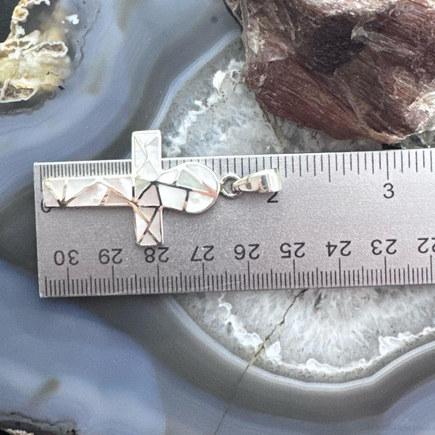 Sterling Silver Southwestern Style Mother of Pearl Inlay Unisex Cross Pendant