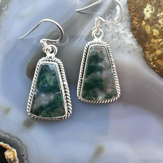 Sterling Silver Southwestern Style Trapezoid Moss Agate Dangle Earrings For Women