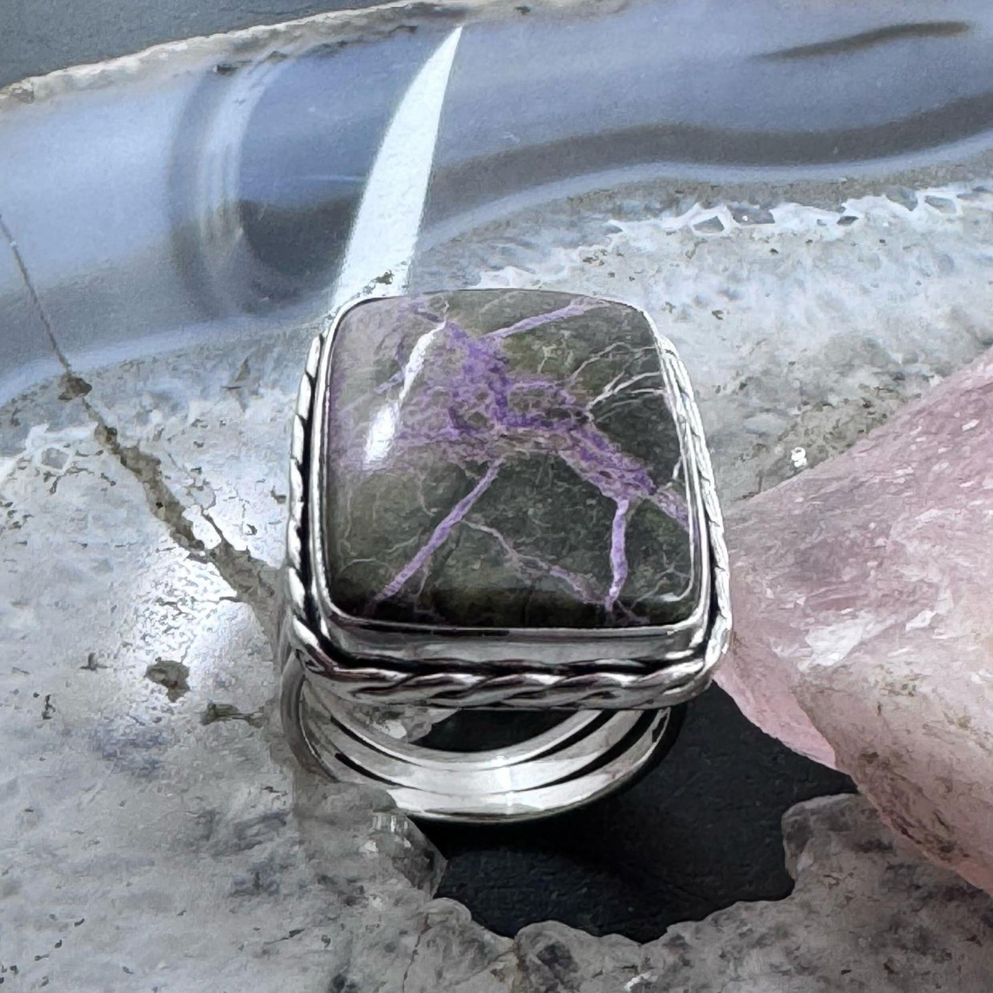 Sterling Silver Southwestern Style Purpurite Bar Ring Size 8 For Women