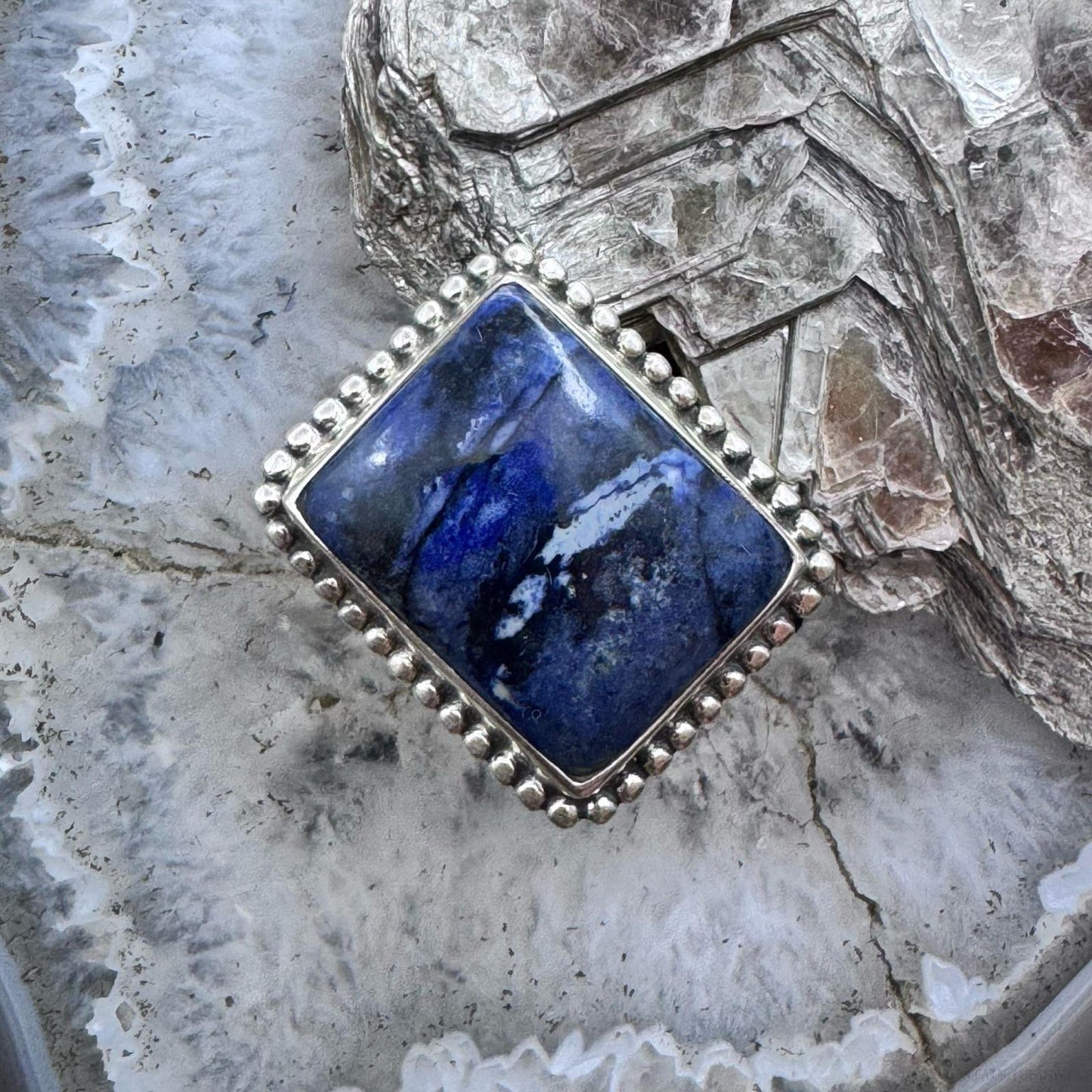 Sterling Silver Southwestern Style Dumortierite Decorated Ring Size 7.75 For Women