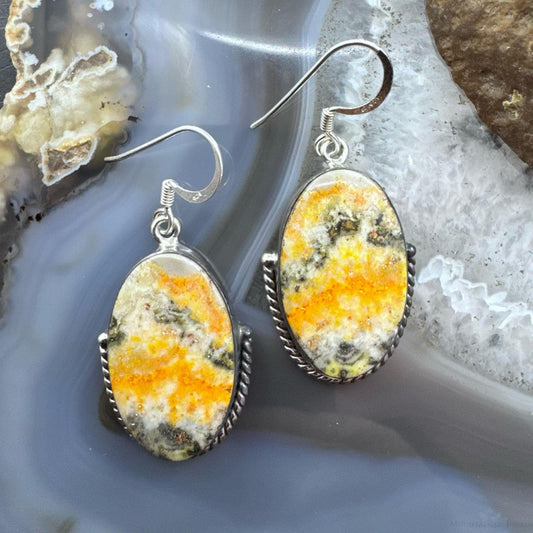 Sterling Silver Southwestern Style Large Oval Bumblebee Jasper Dangle Earrings For Women
