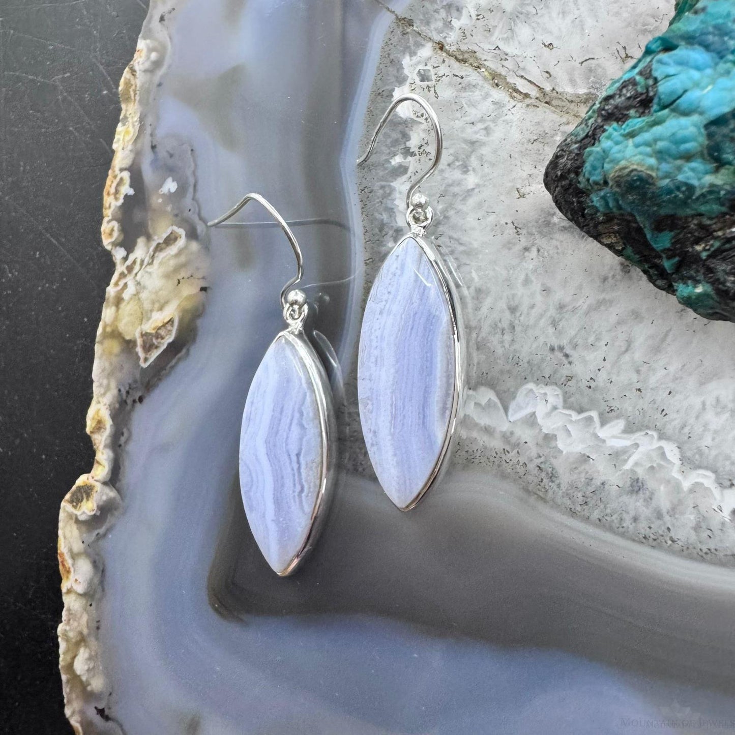 Sterling Silver Southwestern Style Marquise Blue Lace Agate Dangle Earrings For Women