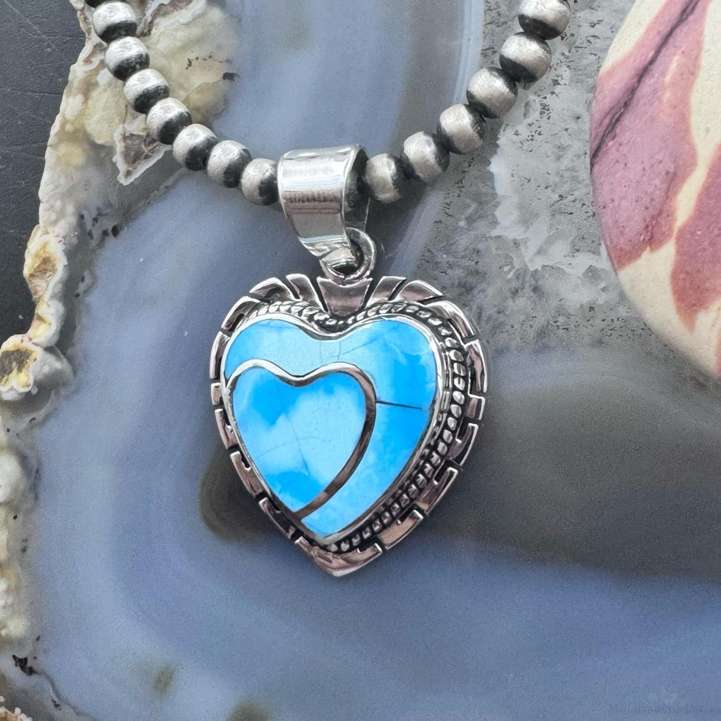 Native American Sterling Silver Blue Ridge Turquoise Decorated Double Heart Pendant For Women