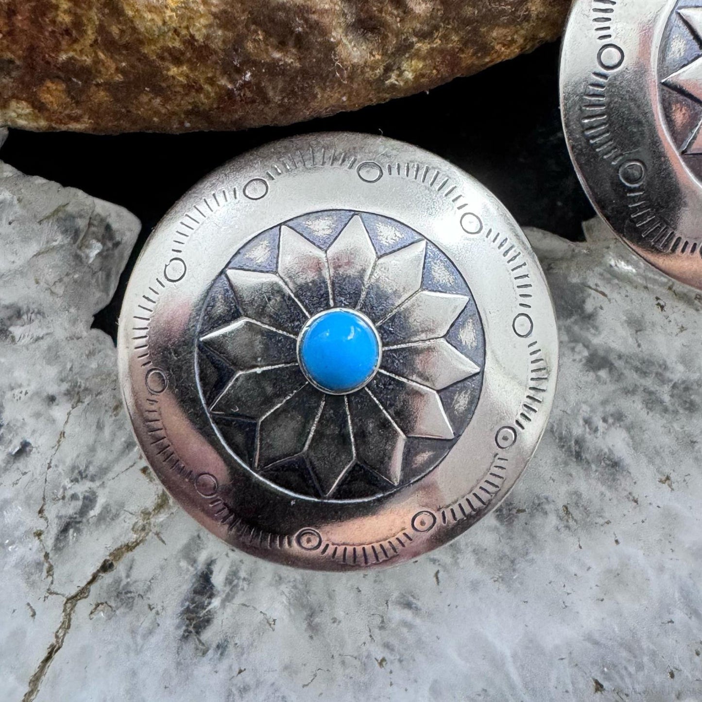 Native American Sterling Stamped Rounded Concho w/Turquoise Post Earrings