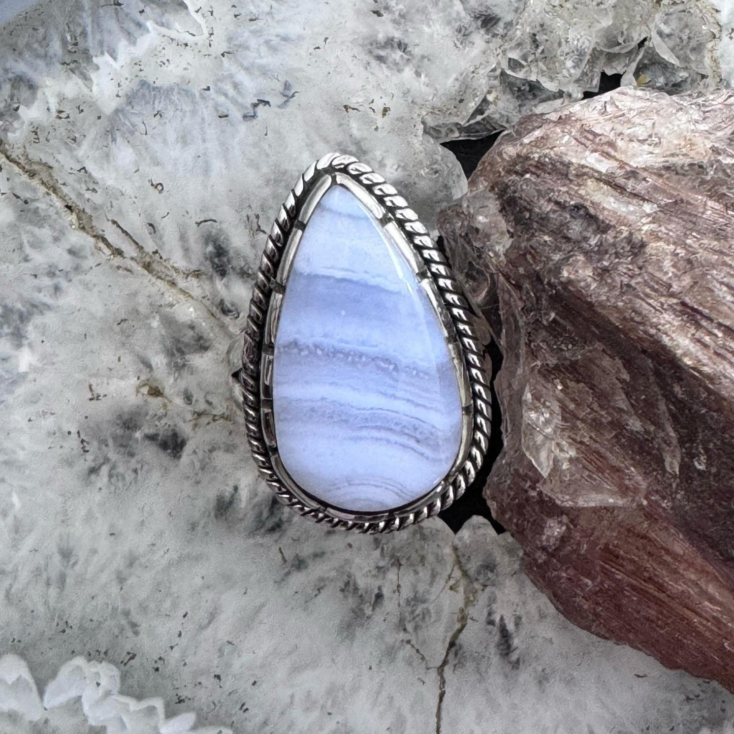 Sterling Silver Southwestern Style Blue Lace Agate Decorated Ring Size 6.75 For Women