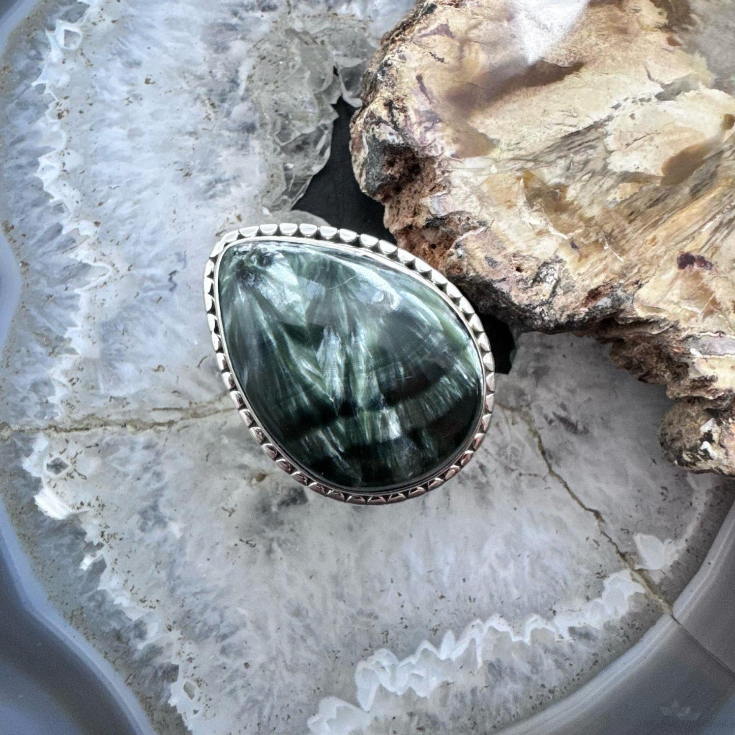 Sterling Silver Southwestern Style Teardrop Seraphinite Ring Size 9 For Women