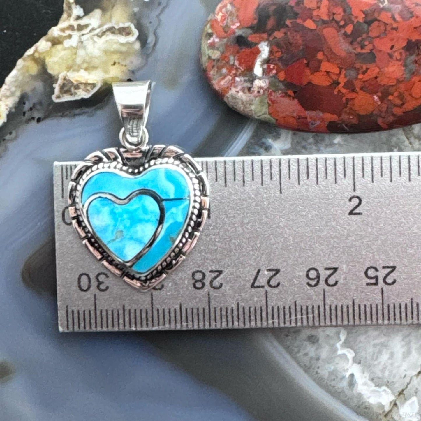 Native American Sterling Silver Blue Ridge Turquoise Decorated Double Heart Pendant For Women