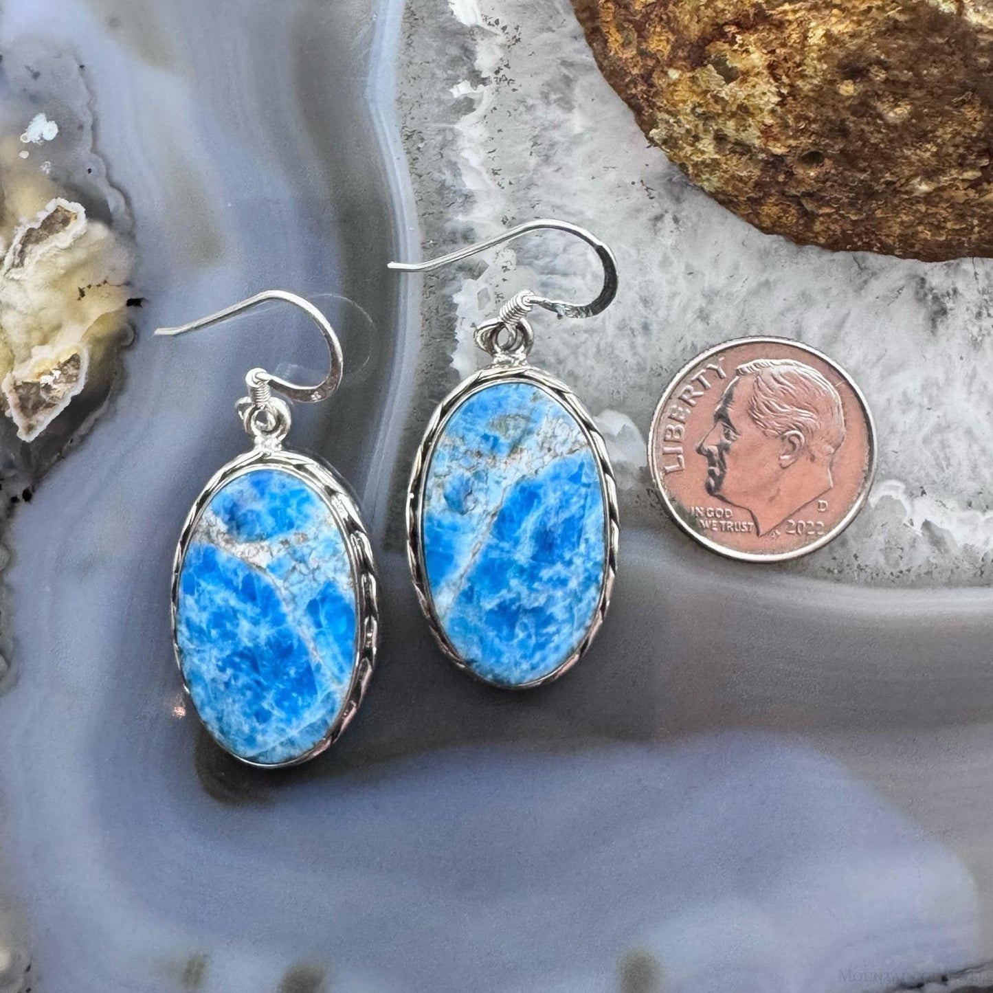 Sterling Silver Southwestern Style Oval Apatite Dangle Earrings For Women