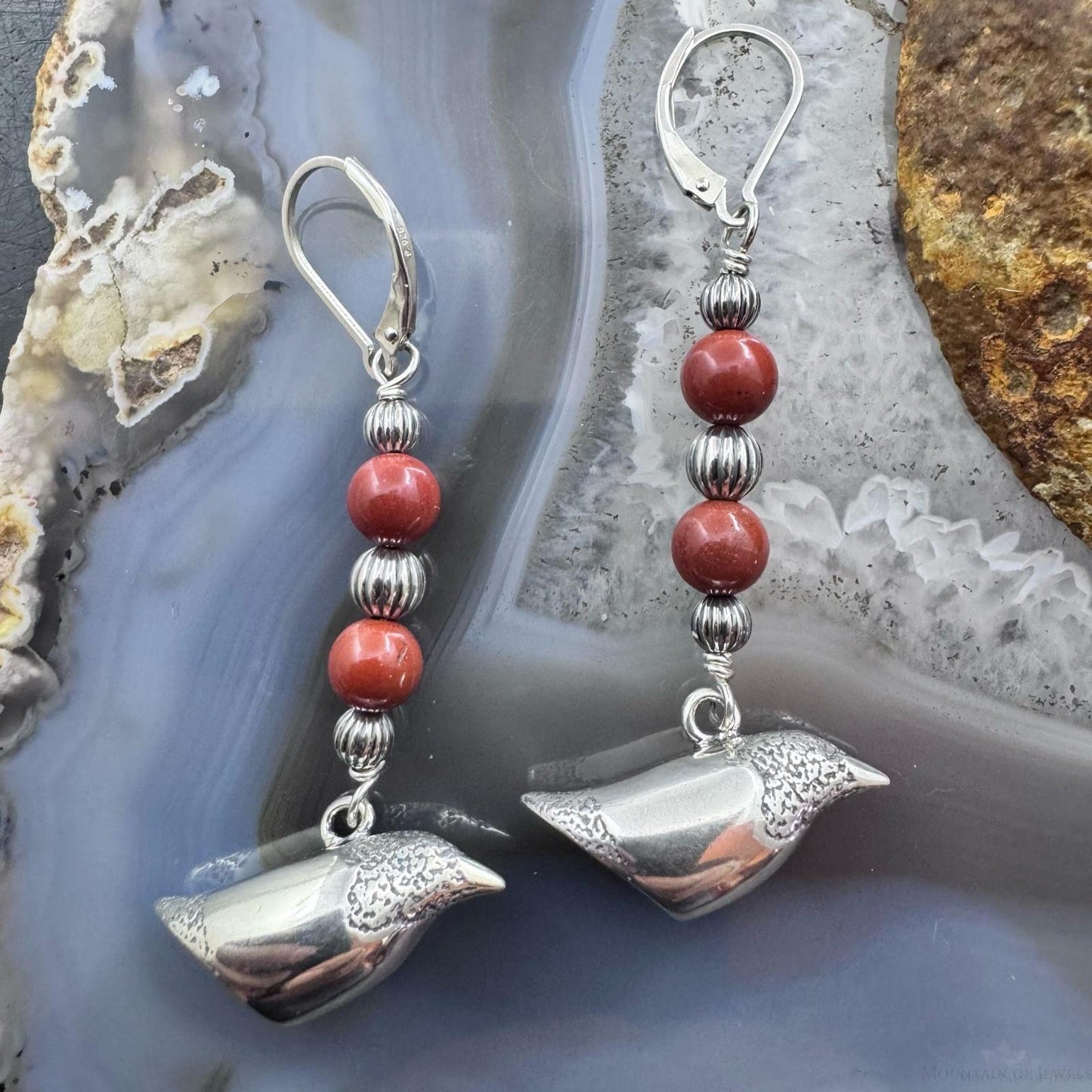 Andrew Rodriguez Sterling Silver Crow With 2 Tiny Red Jasper Beads Dangle Earrings For Women