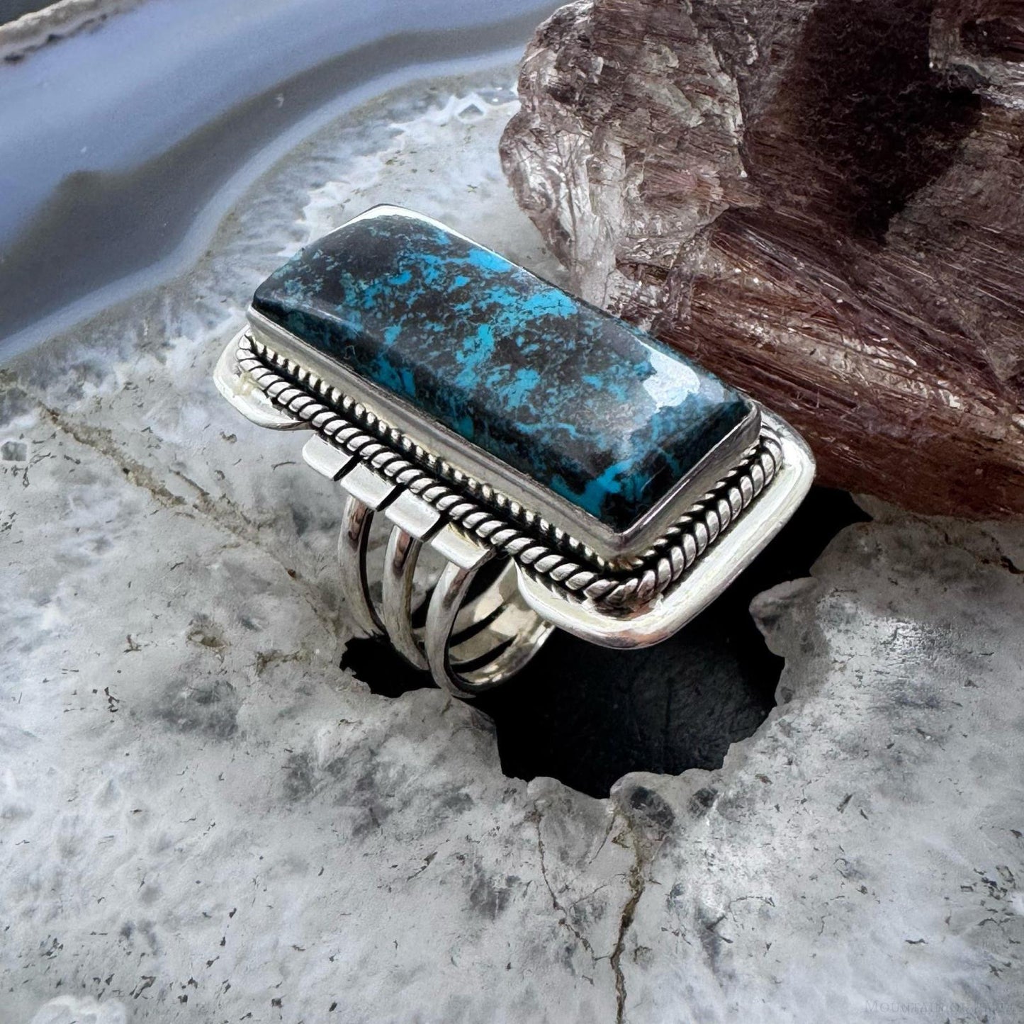 Sterling Silver Southwestern Style Azurite Decorated Bar Size 8 Ring For Women