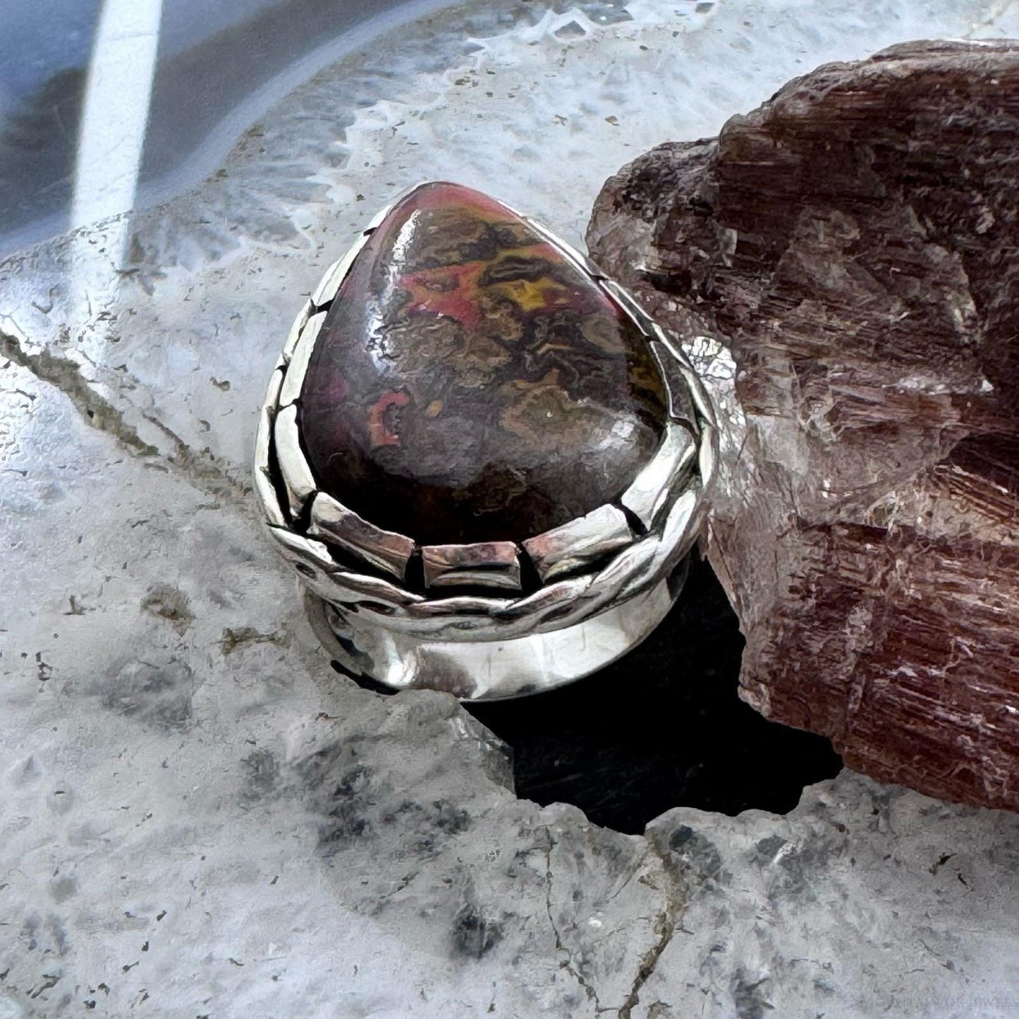 Sterling Southwestern Style Teardrop Moroccan Seam Agate Ring Size 6.5 For Women