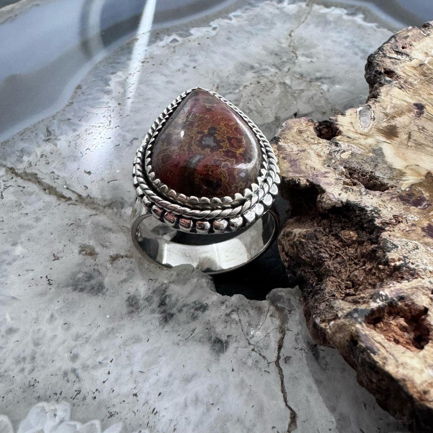 Sterling Southwestern Style Teardrop Moroccan Seam Agate Ring Size 7.75 For Women