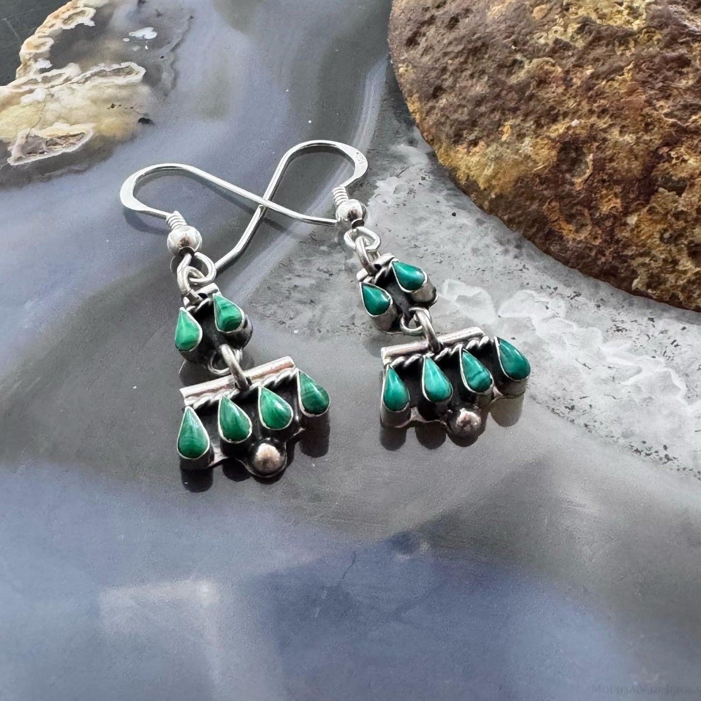 Sterling Silver Southwestern Teardrop Malachite Tiny Dangle Earrings For Women