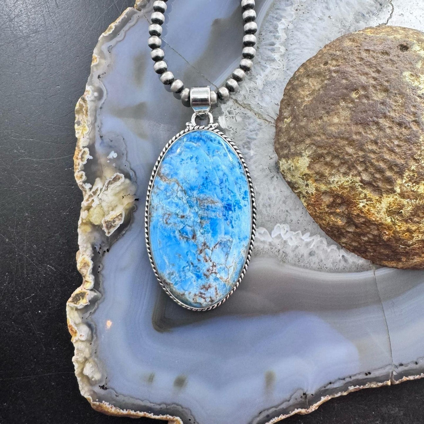 Sterling Silver Southwestern Style Elongated Oval Apatite Pendant For Women