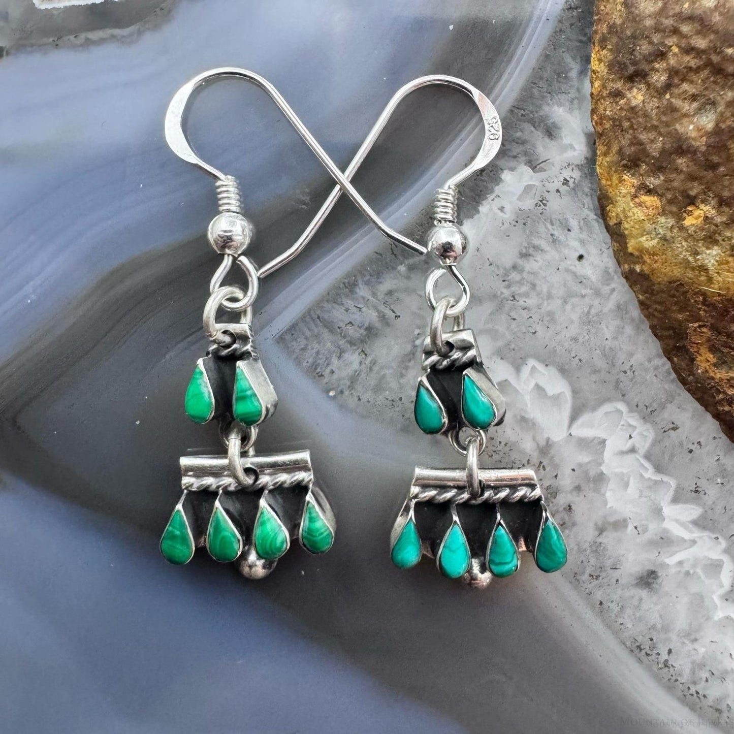 Sterling Silver Southwestern Teardrop Malachite Tiny Dangle Earrings For Women