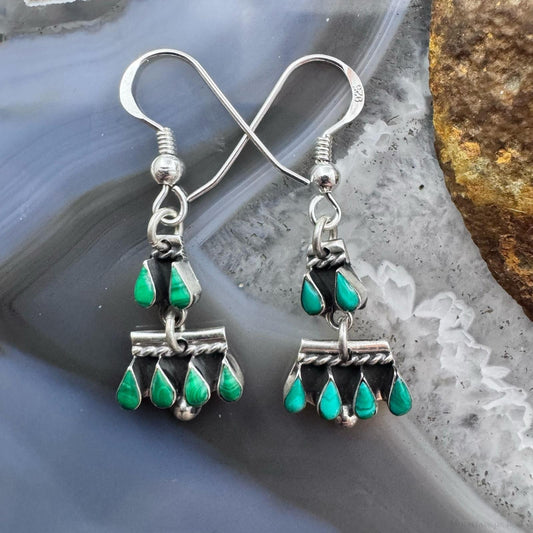 Sterling Silver Southwestern Teardrop Malachite Tiny Dangle Earrings For Women