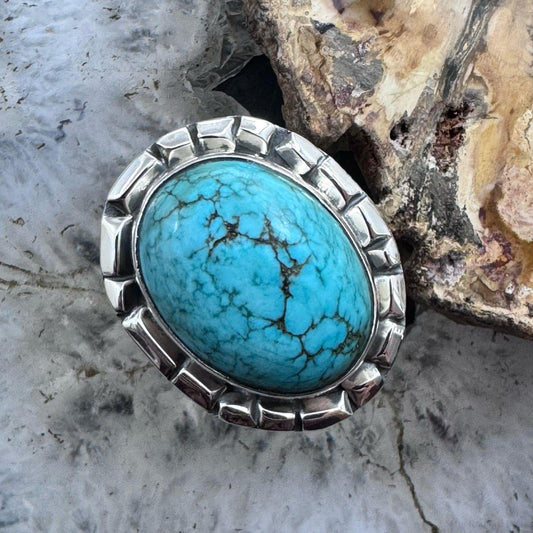 Sterling Silver Southwestern Style Oval Tibetan Turquoise Ring Size 8.75 For Women