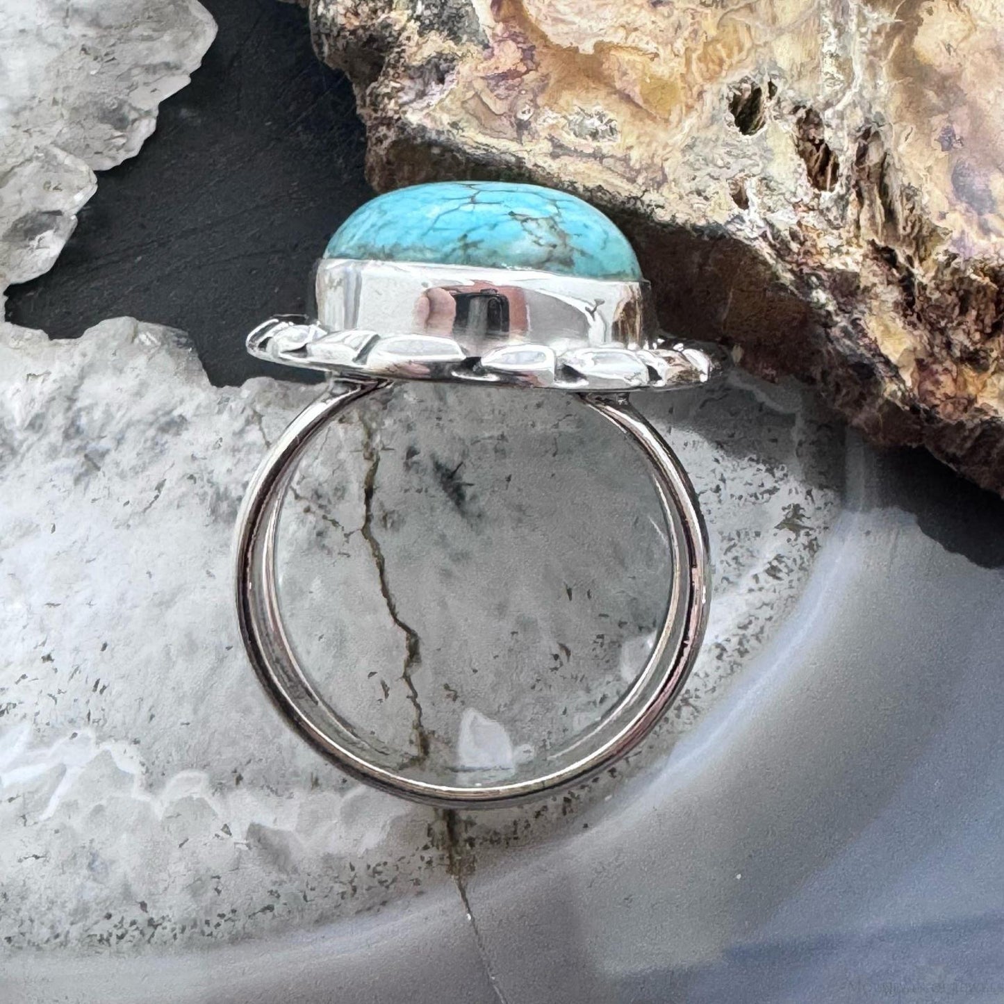 Sterling Silver Southwestern Style Oval Tibetan Turquoise Ring Size 8.75 For Women