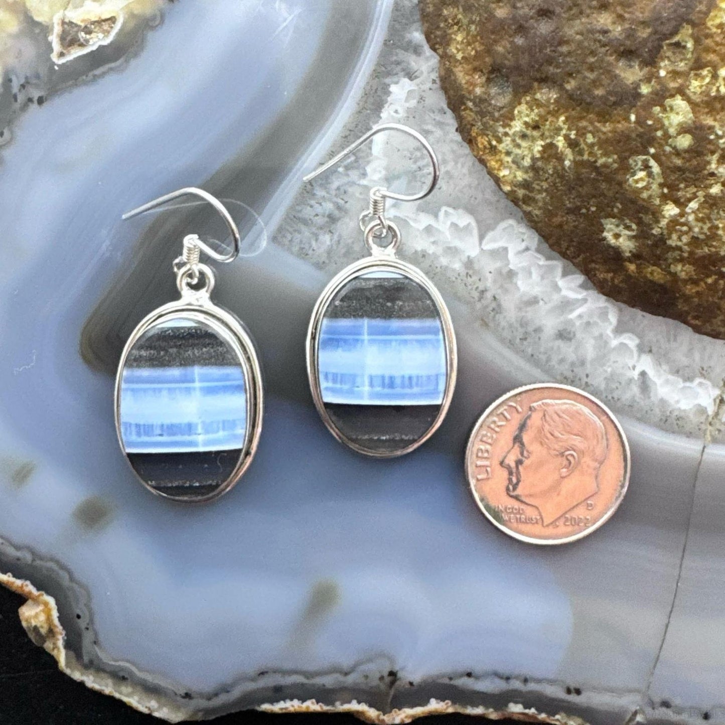 Sterling Silver Southwestern Style Oval Blue Opal Dangle Earrings For Women